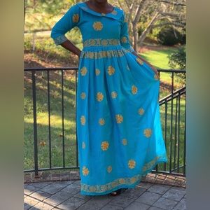 Long Sleeve Gold Floral Embellished Blue Handmade Maxi Dress